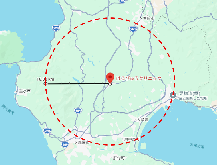 訪問エリアマップ（はるびゅうクリニックから直線距離16km圏内）